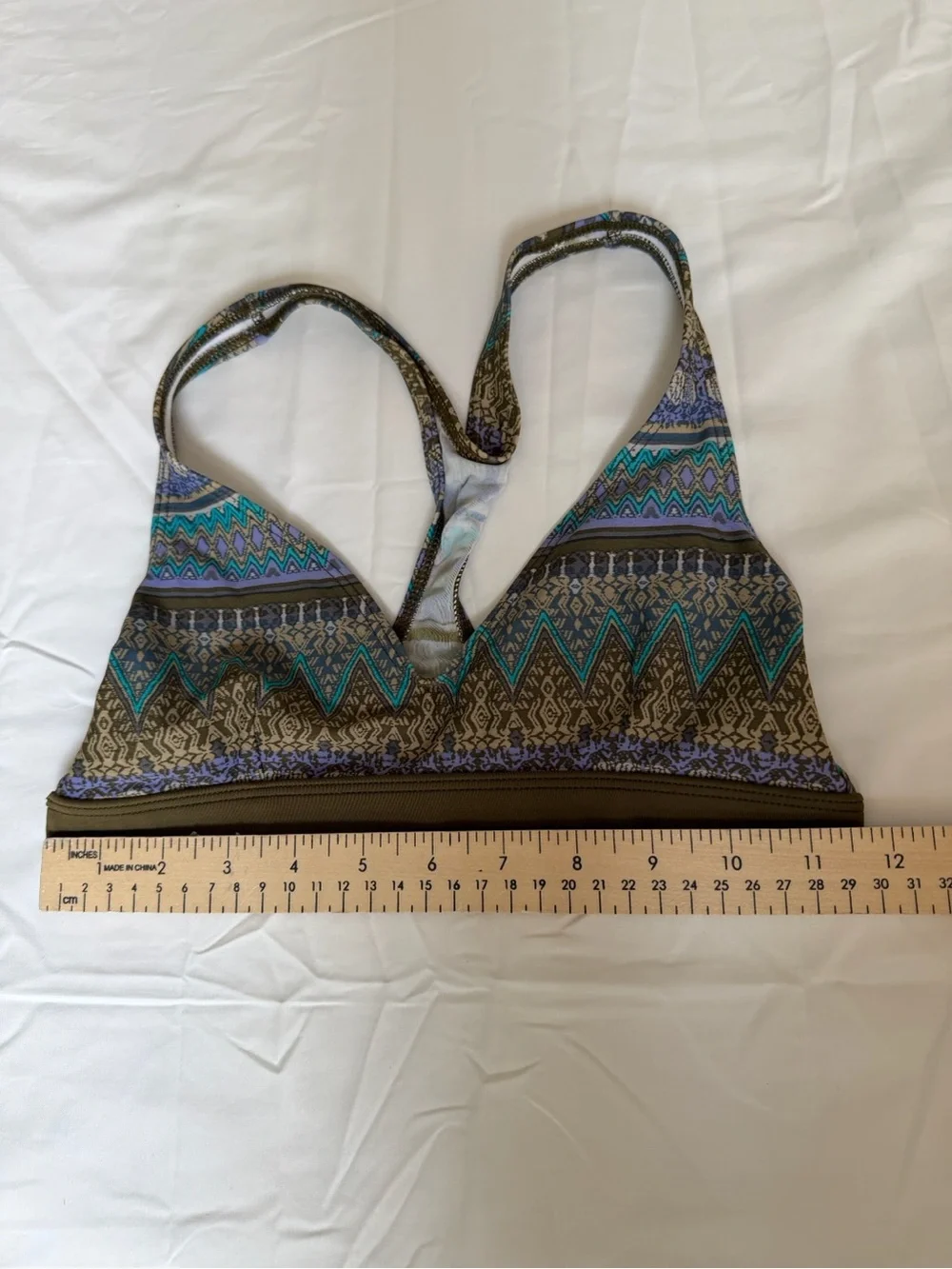 Patagonia Printed Racerback Sports Bra in Olive, Teal & Blue